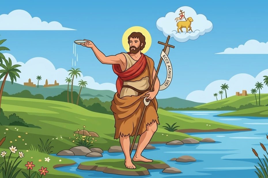 San Giovanni Battista Voce che grida nel deserto - un uomo che tiene un bastone a forma di croce vicino a un corso d'acqua una conchiglia in mano